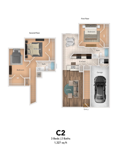 Floor plan for 3 beds, 2 baths, 1327 sqft